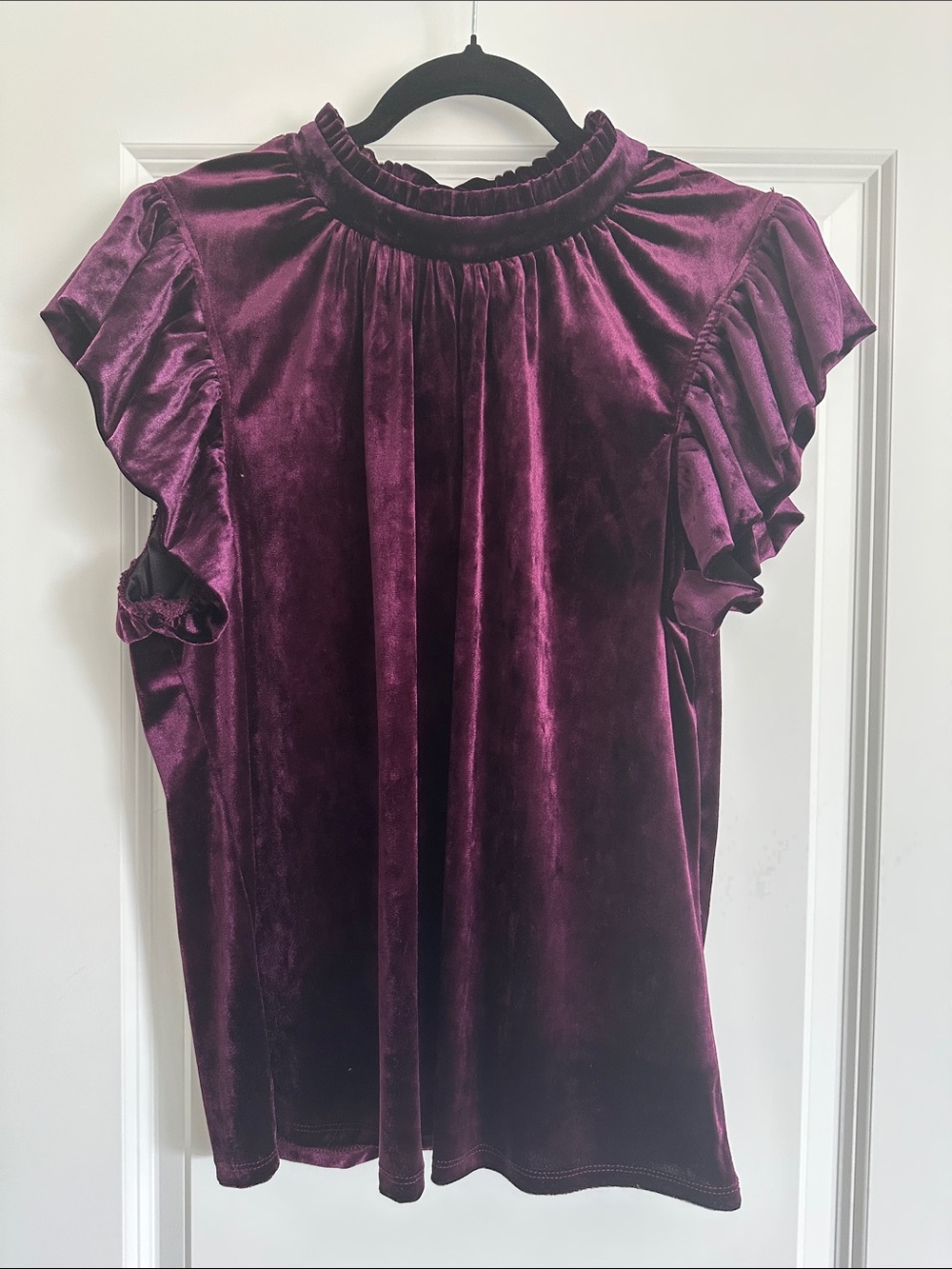 Joie Velvet Ruffle Sleeve Mock-Neck Top - Deep Plum